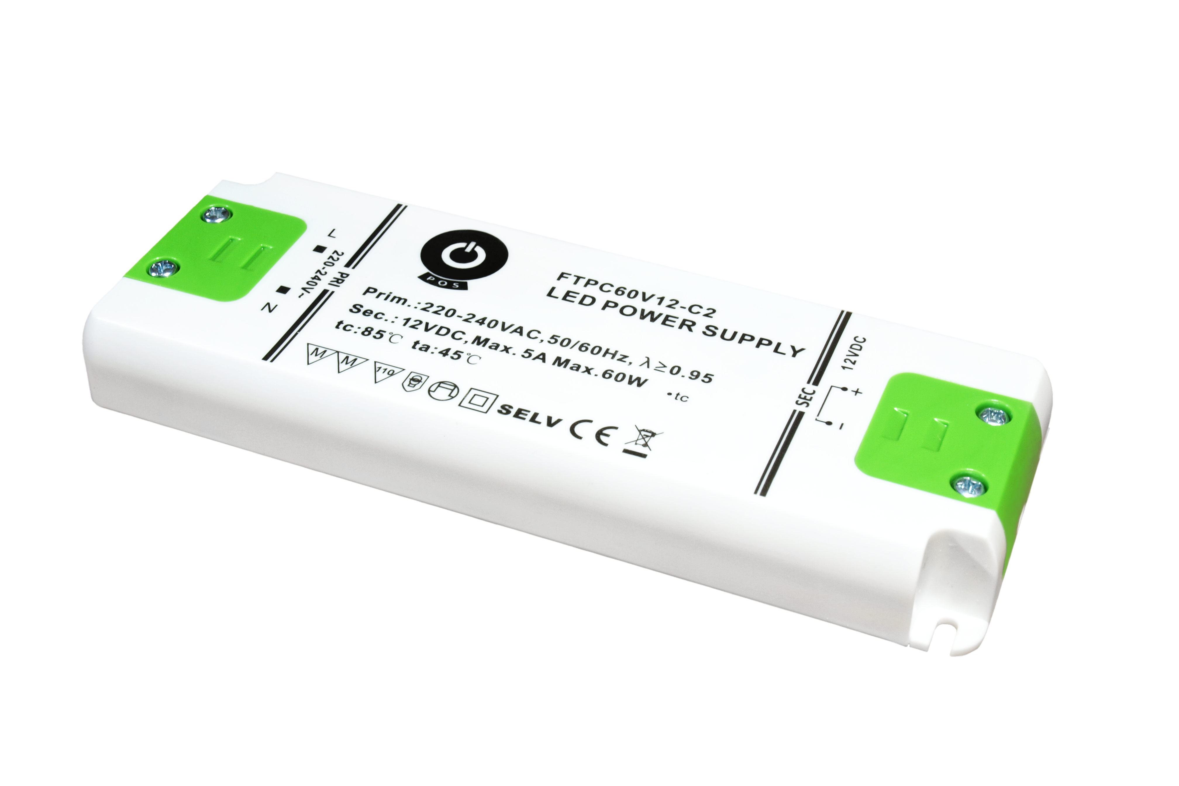 POS LED Driver 12V/5A CV, compact plastic case, ultra slim 160 x 58 x 18 mm