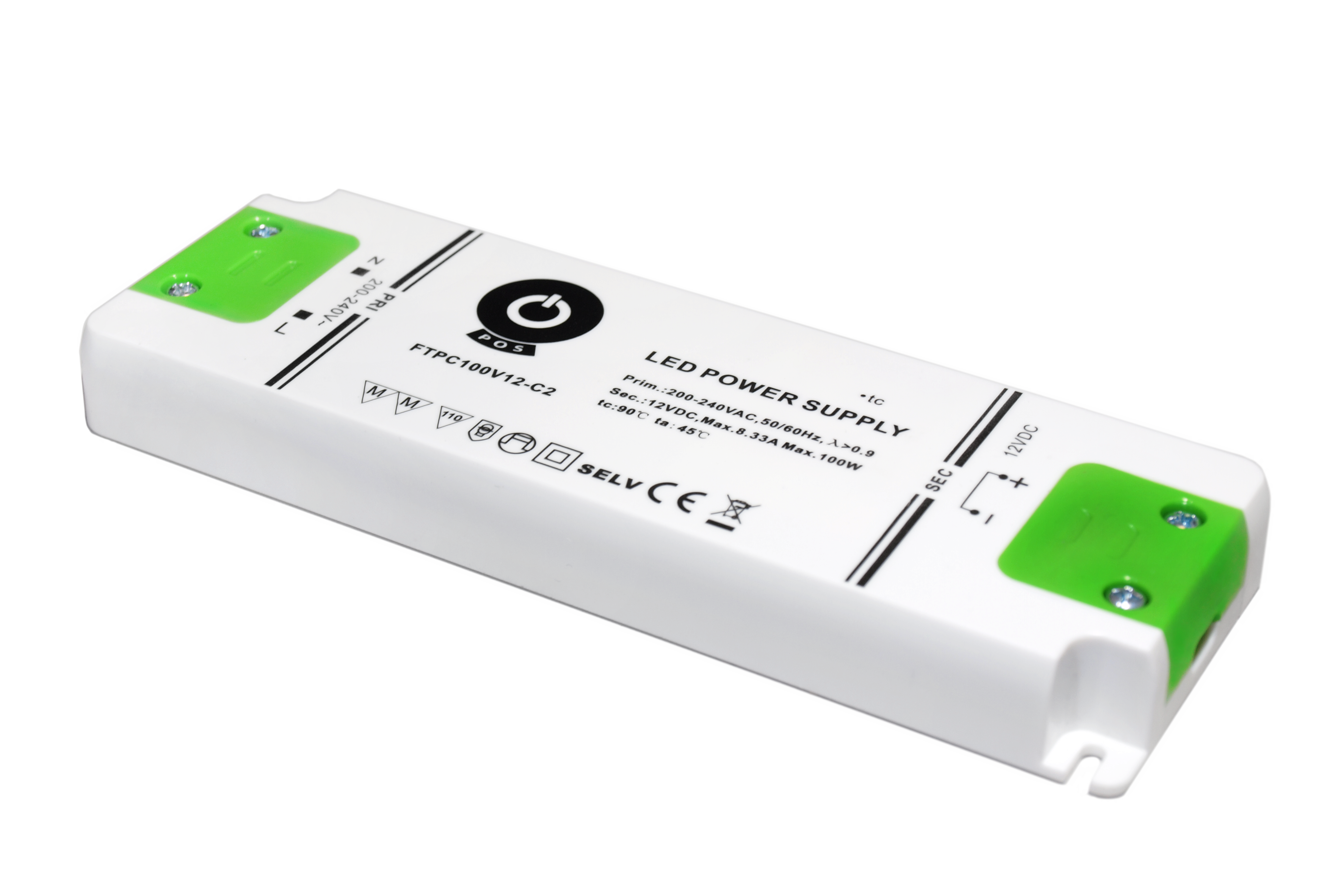 POS LED Driver 12V/8.33A CV, compact plastic case, ultra slim 164×56.4×16.8mm
