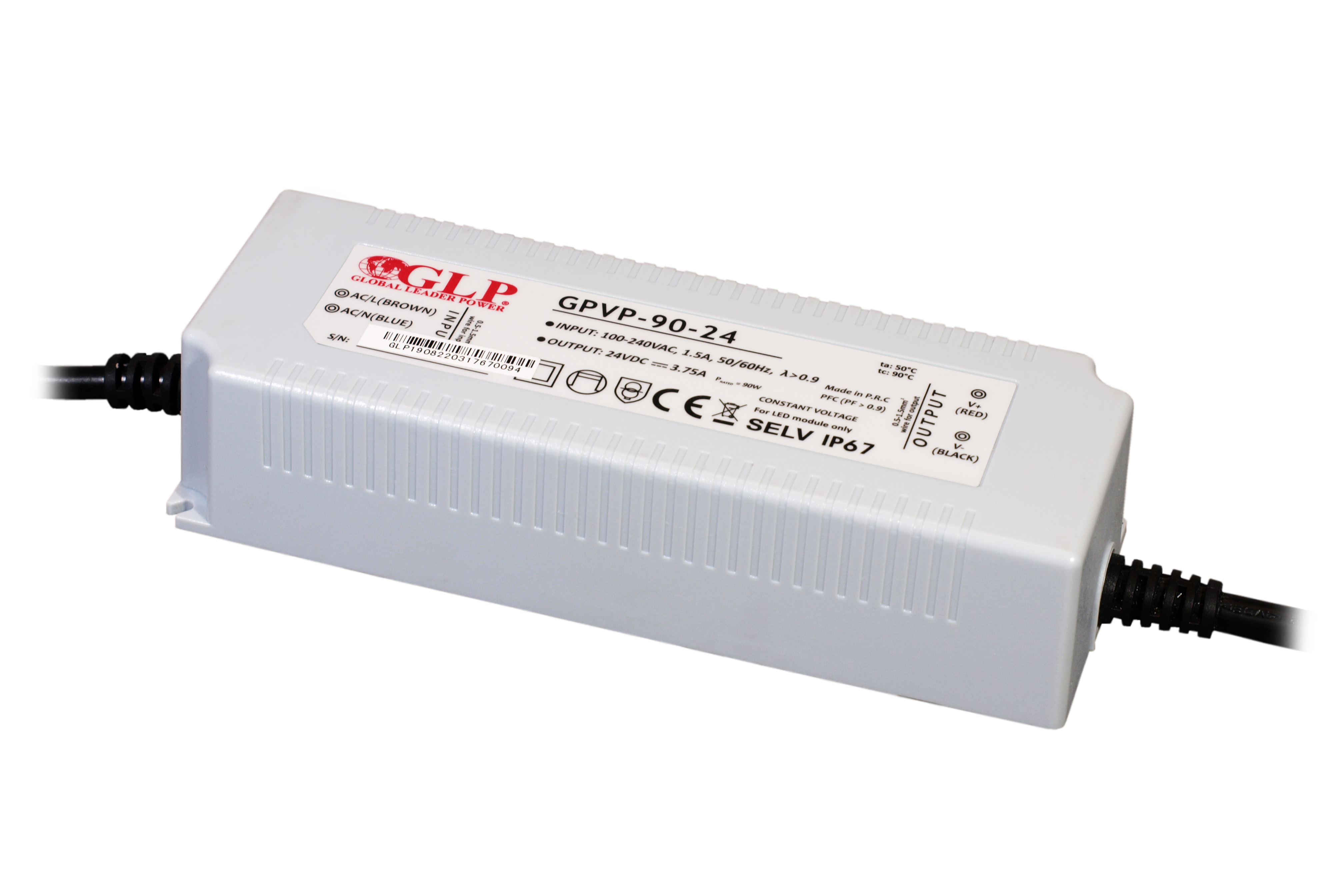 GLP PSU: 24V/3.75A, CV, PFC, IP67, plastic case, double insulation wires