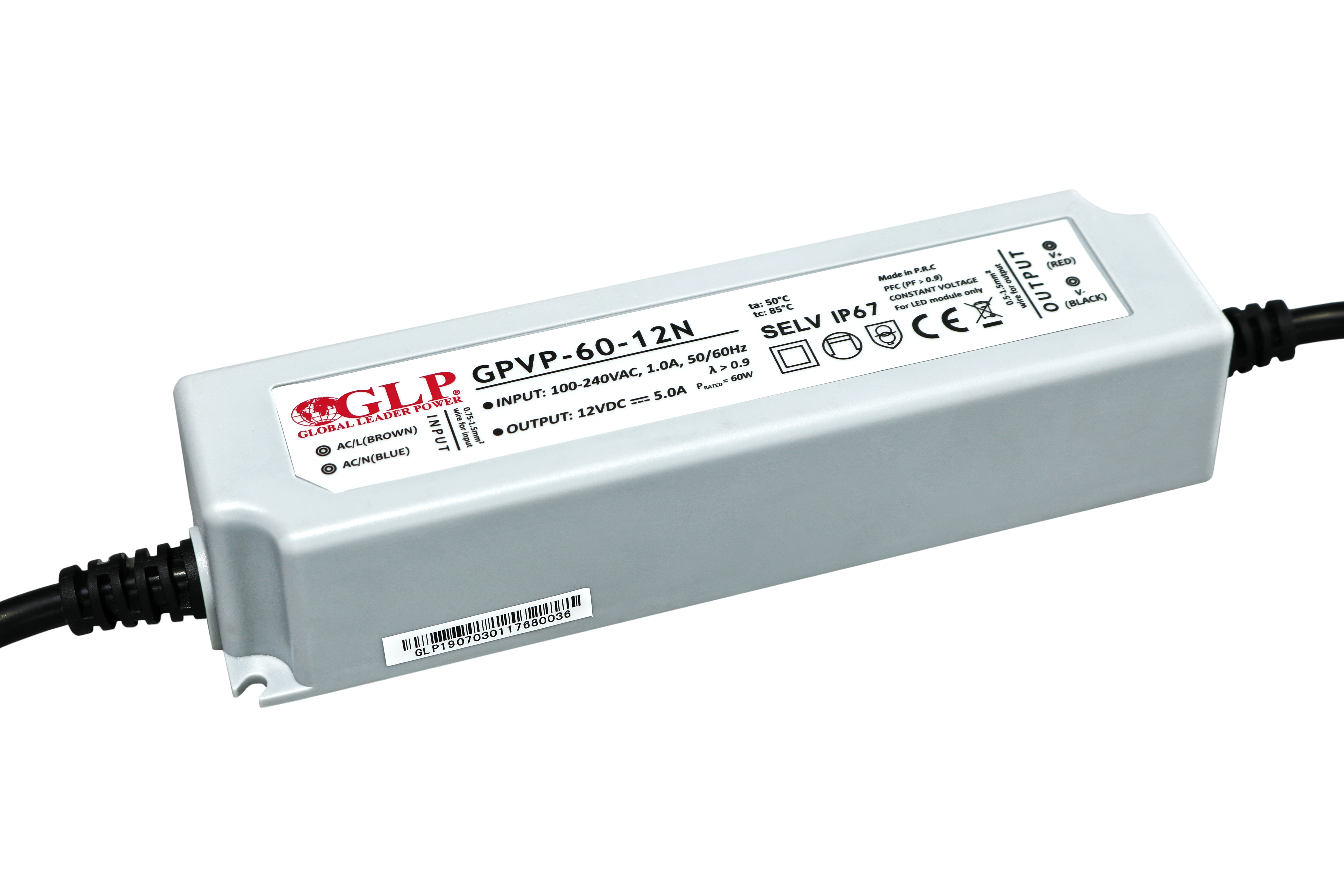 GLP PSU: 12V/5A, CV, PFC, IP67, plastic case, double insulation wires