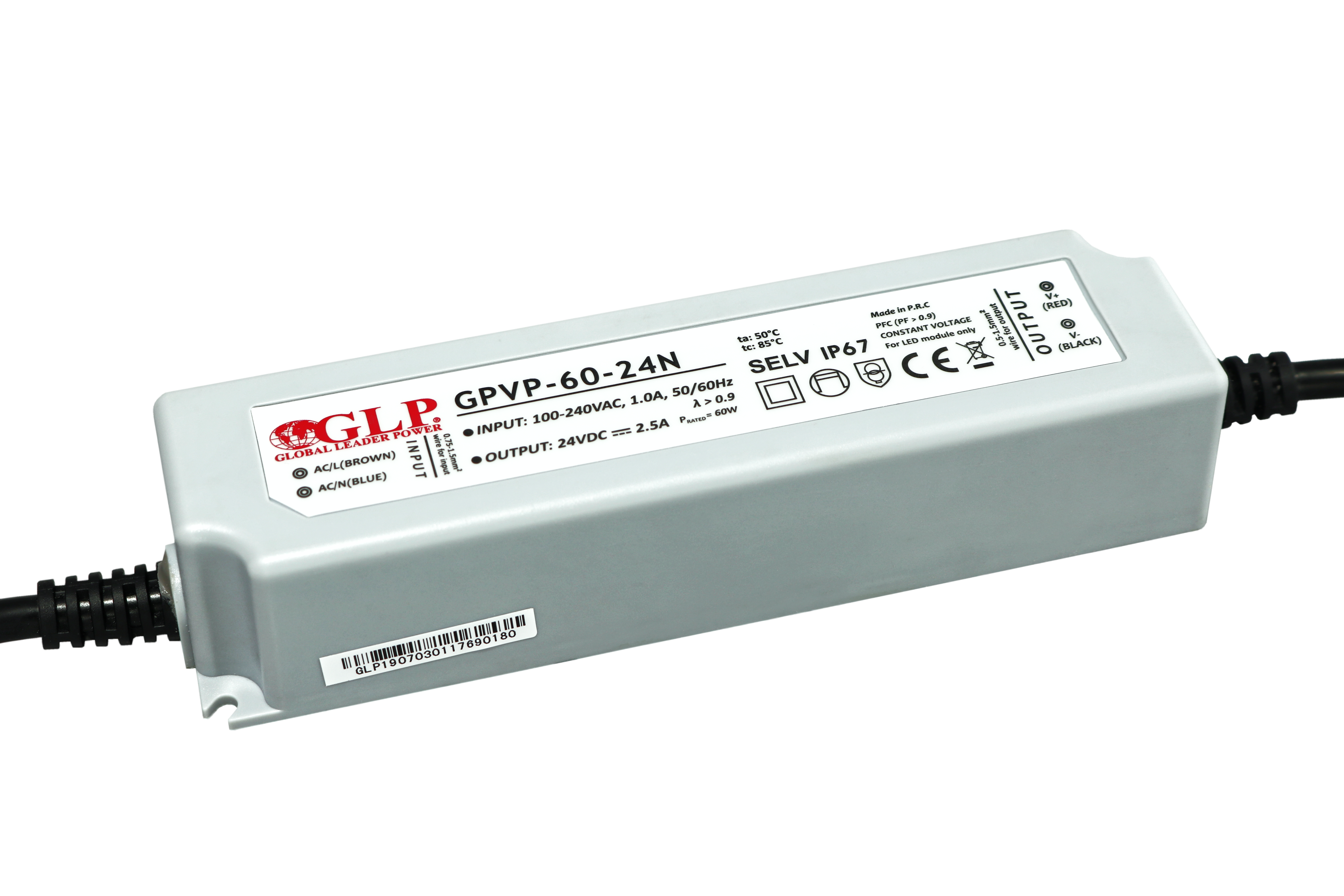 GLP PSU: 24V/2.5A, CV, PFC, IP67, plastic case, double insulation wires
