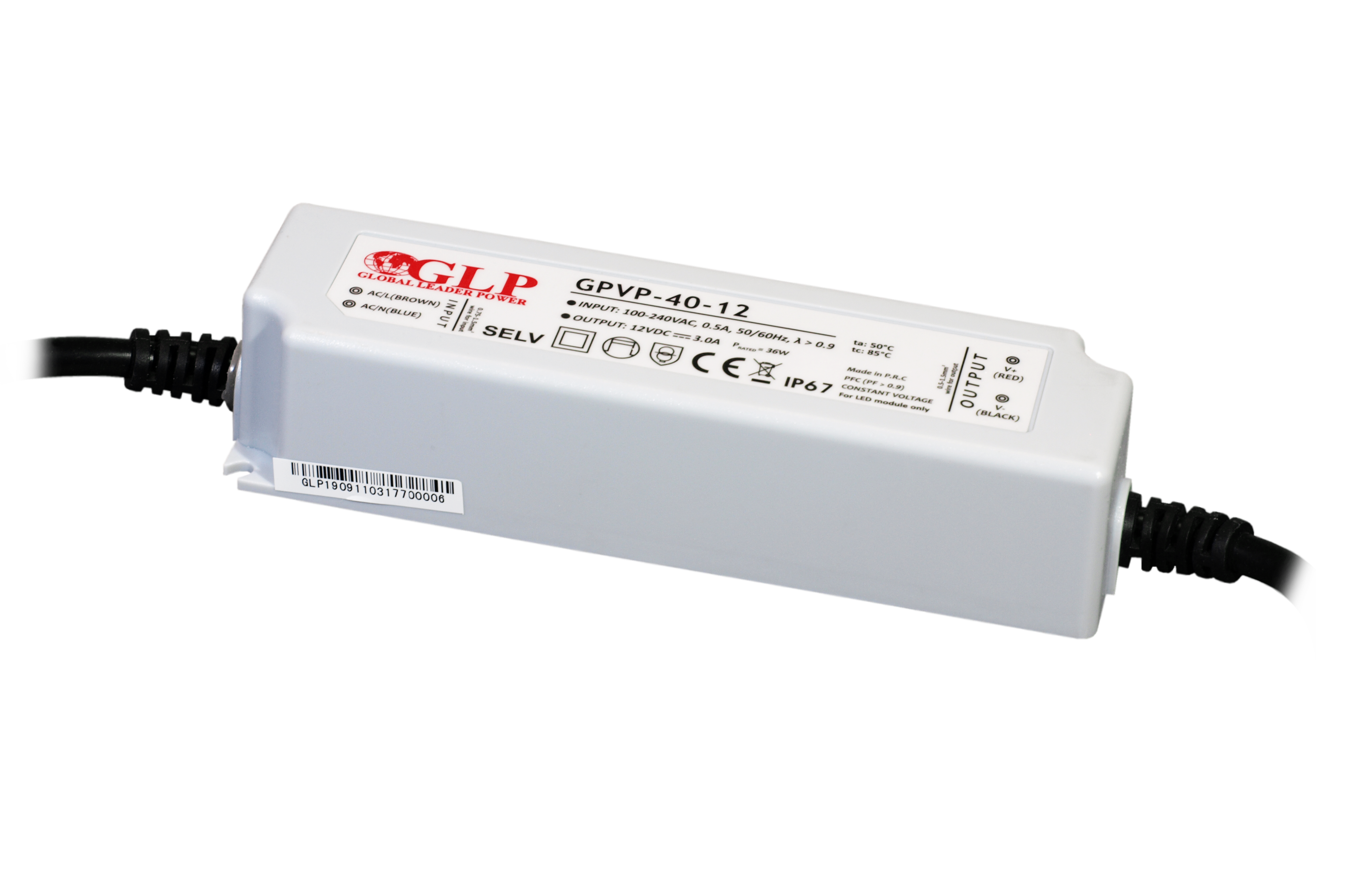 GLP PSU: 12V/3.5A, CV, PFC, IP67, plastic case, double insulation wires