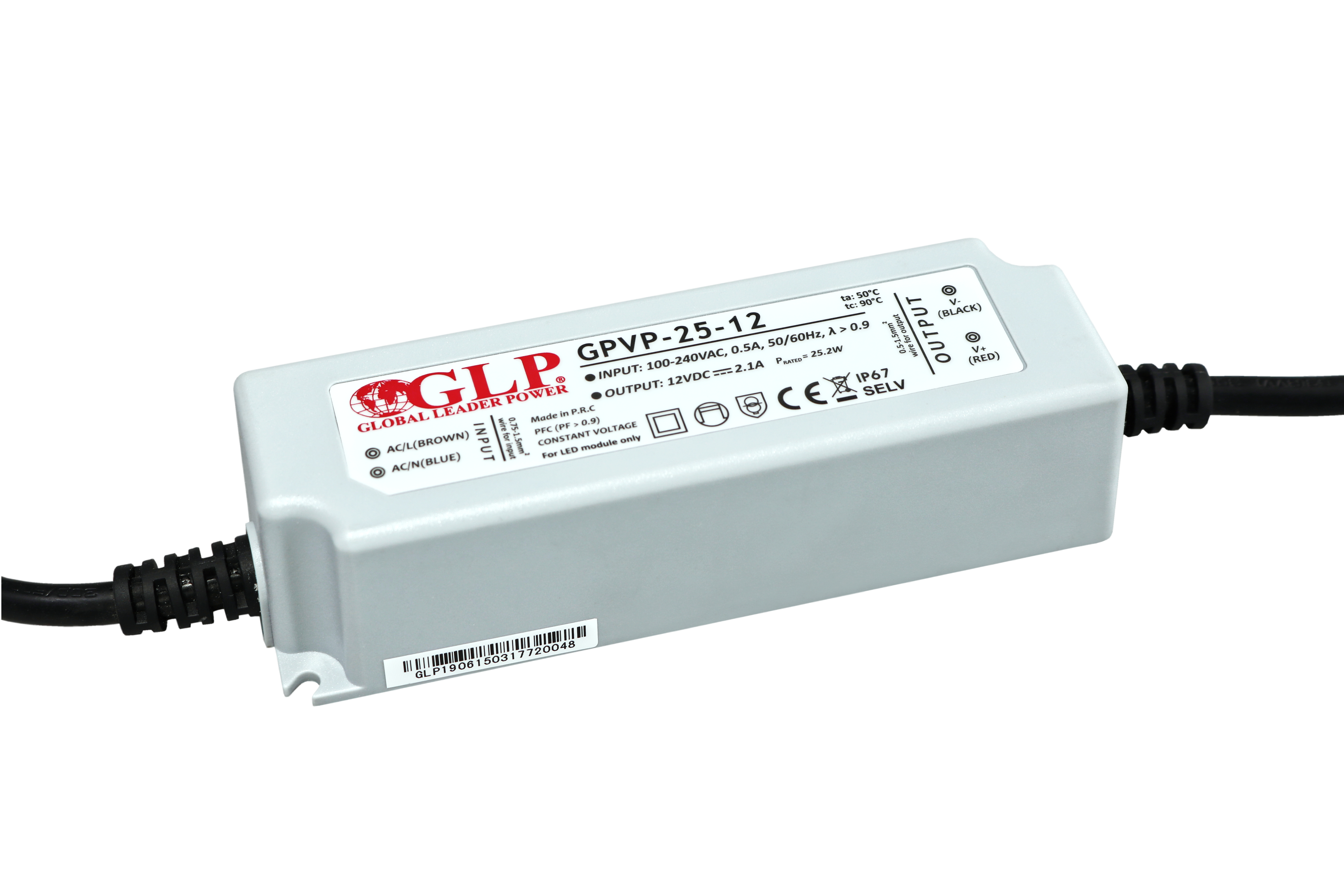 GLP PSU: 12V/2A, CV, PFC, IP67, plastic case, double insulation wires