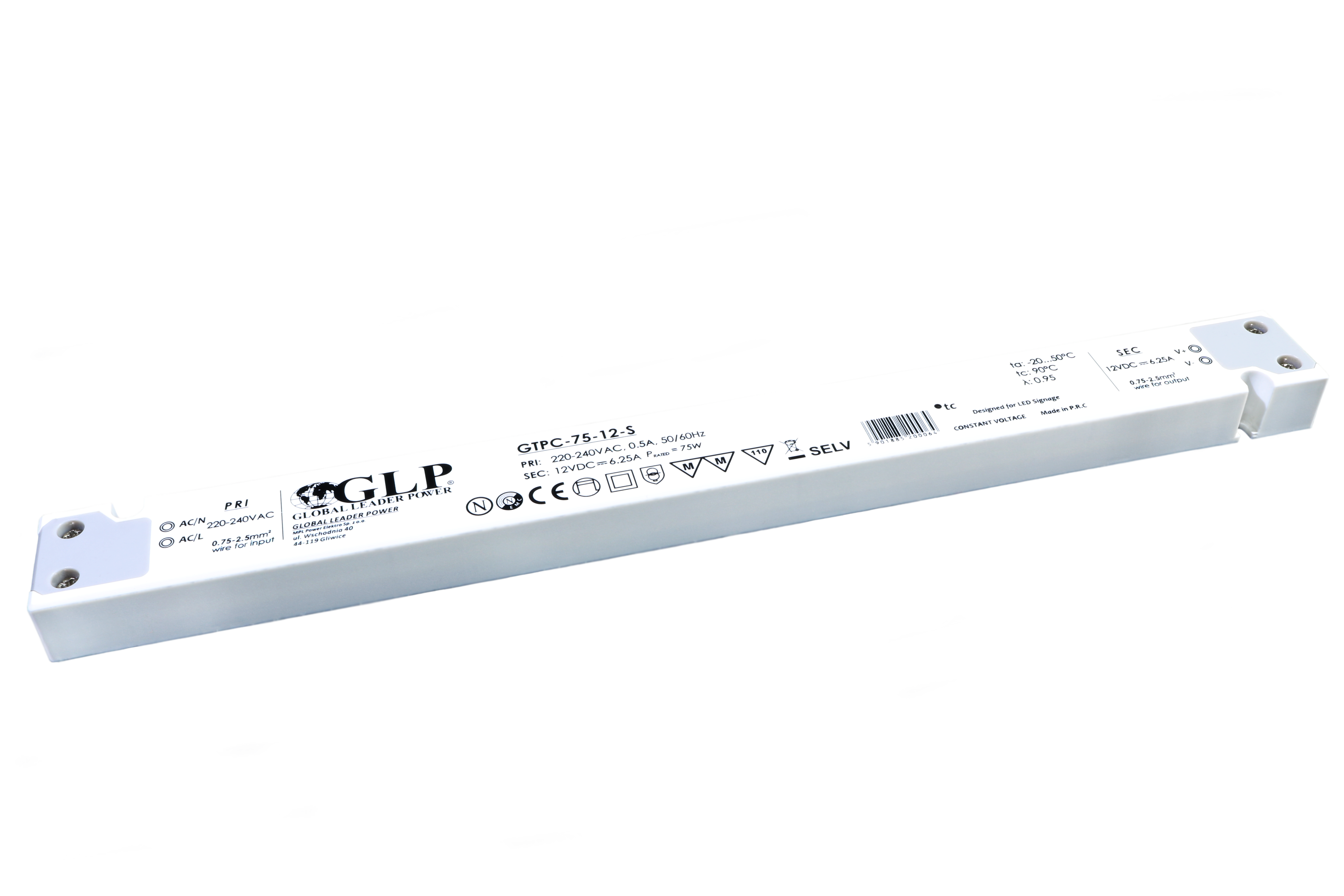 GLP PSU: 12V/6.25A, CV, plastic case, slim