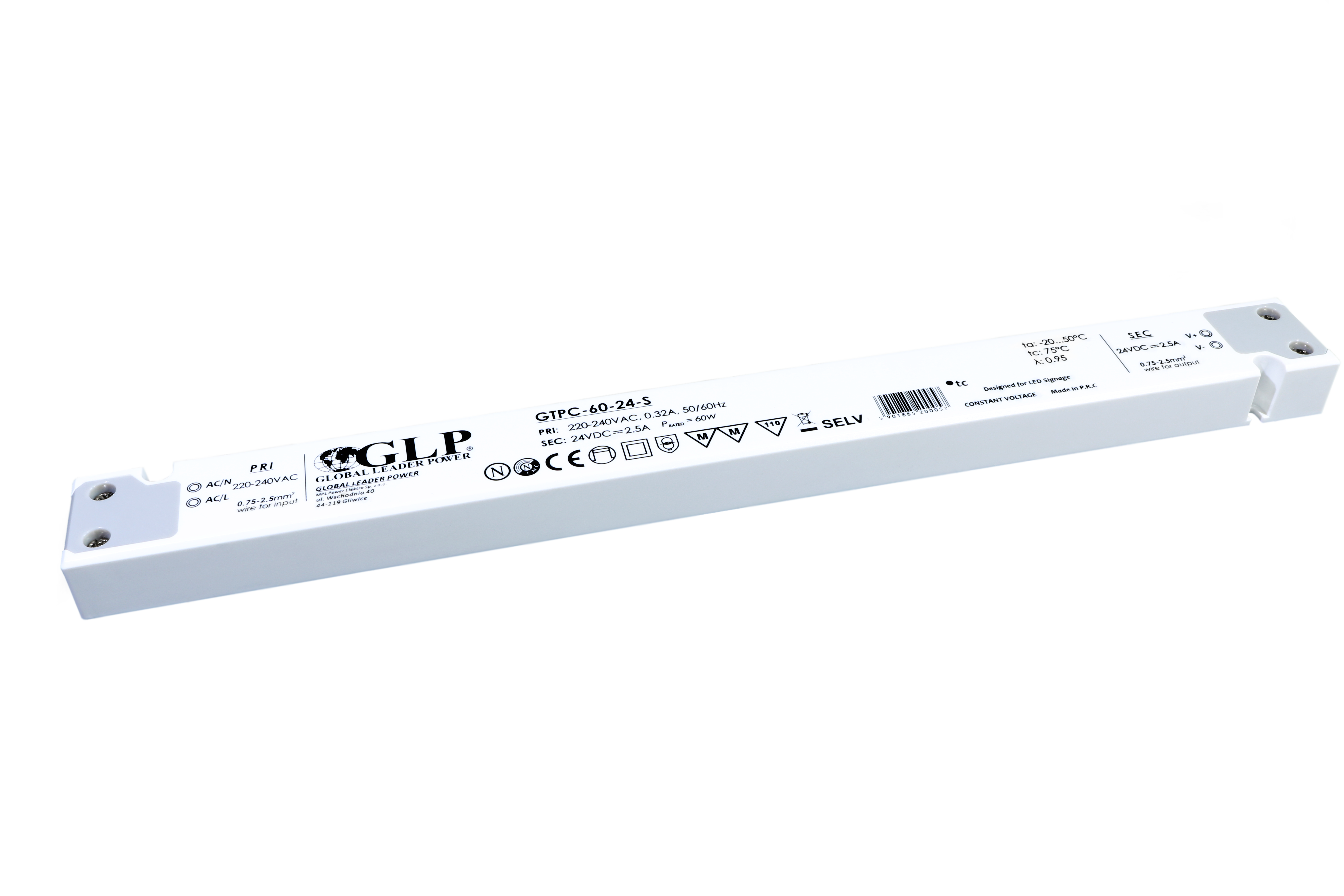 GLP PSU: 12V/5A, CV, plastic case, slim