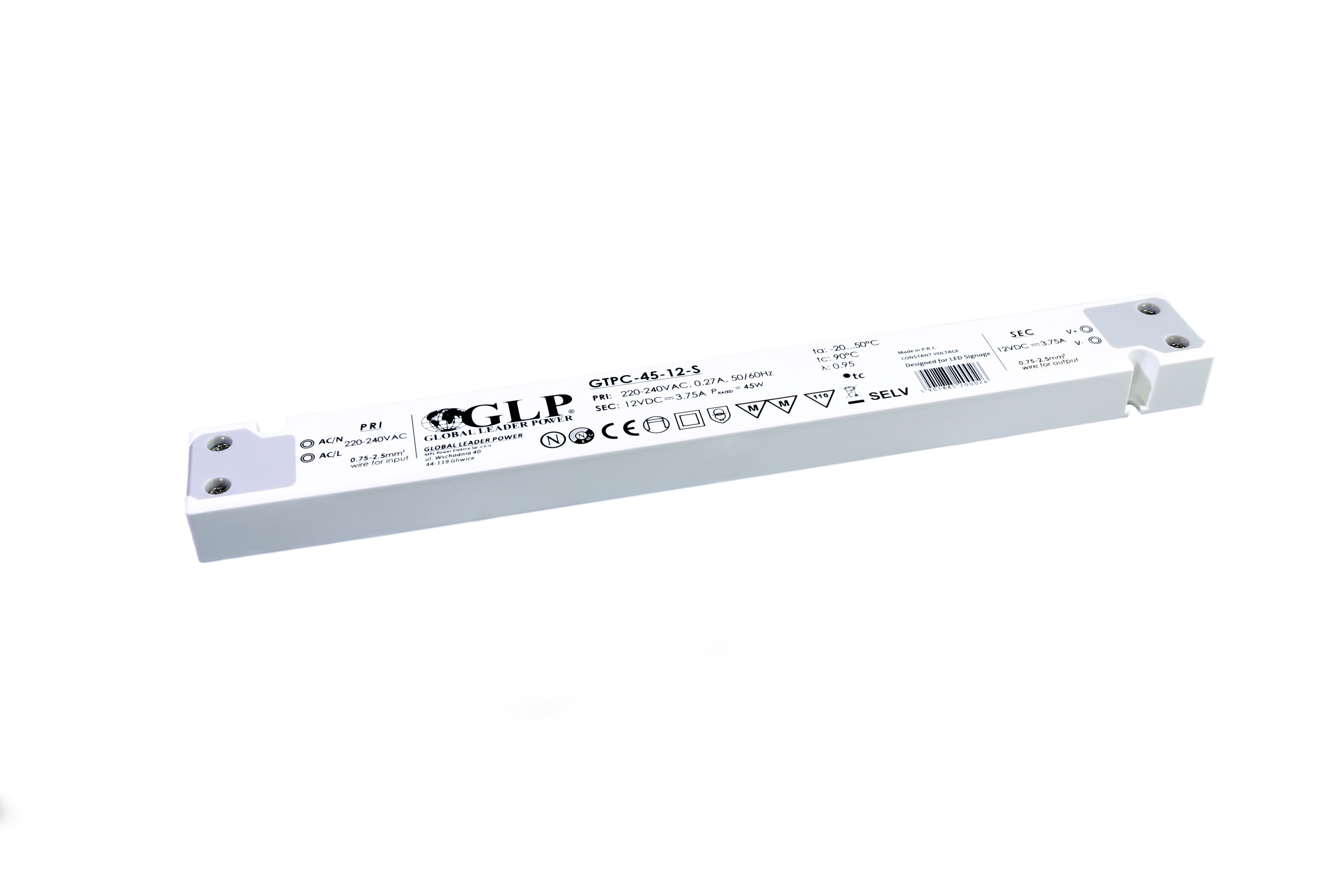GLP PSU: 12V/3.75A, CV, plastic case, slim