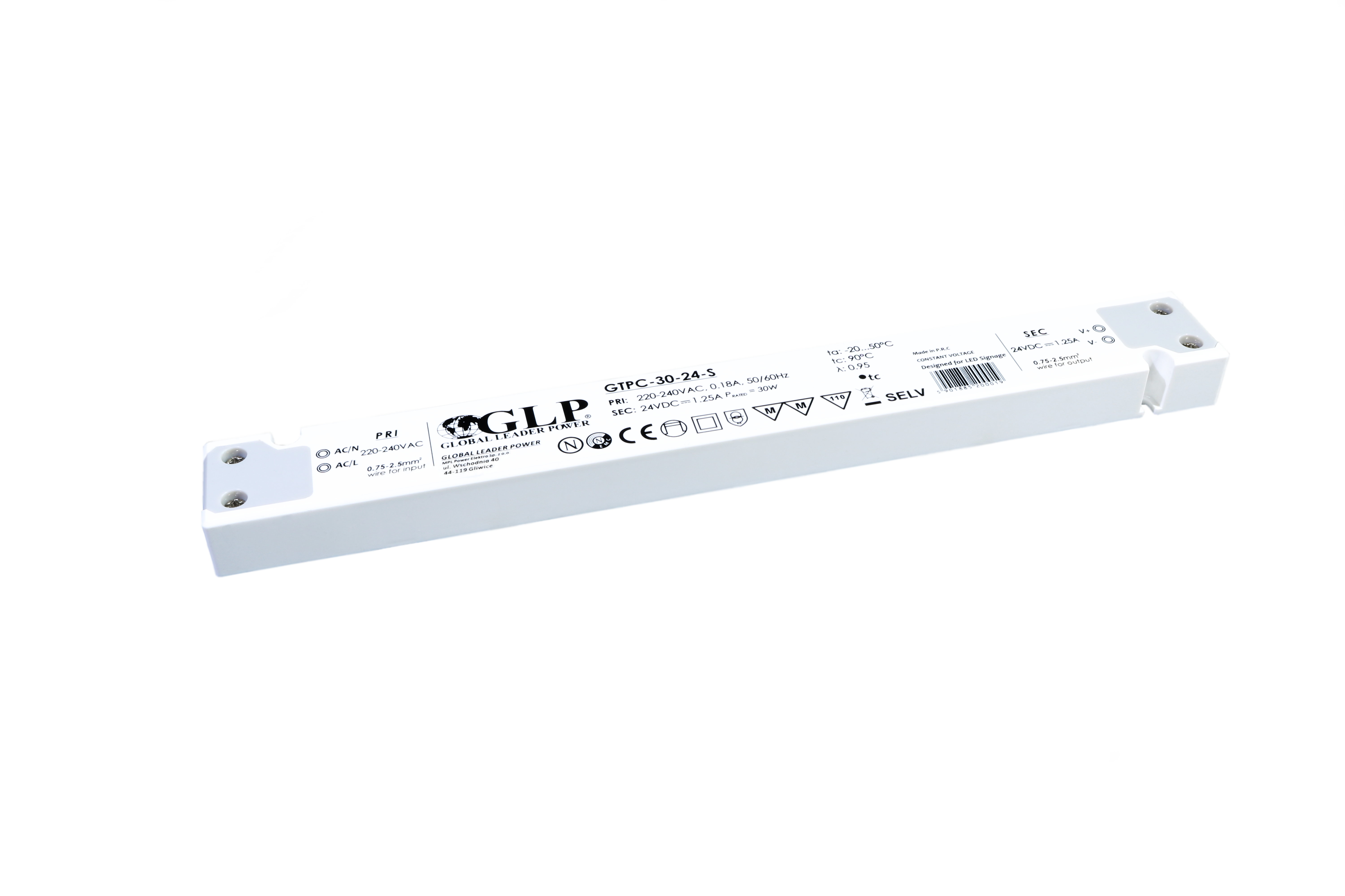 GLP PSU: 12V/2.5A, CV, plastic case, slim