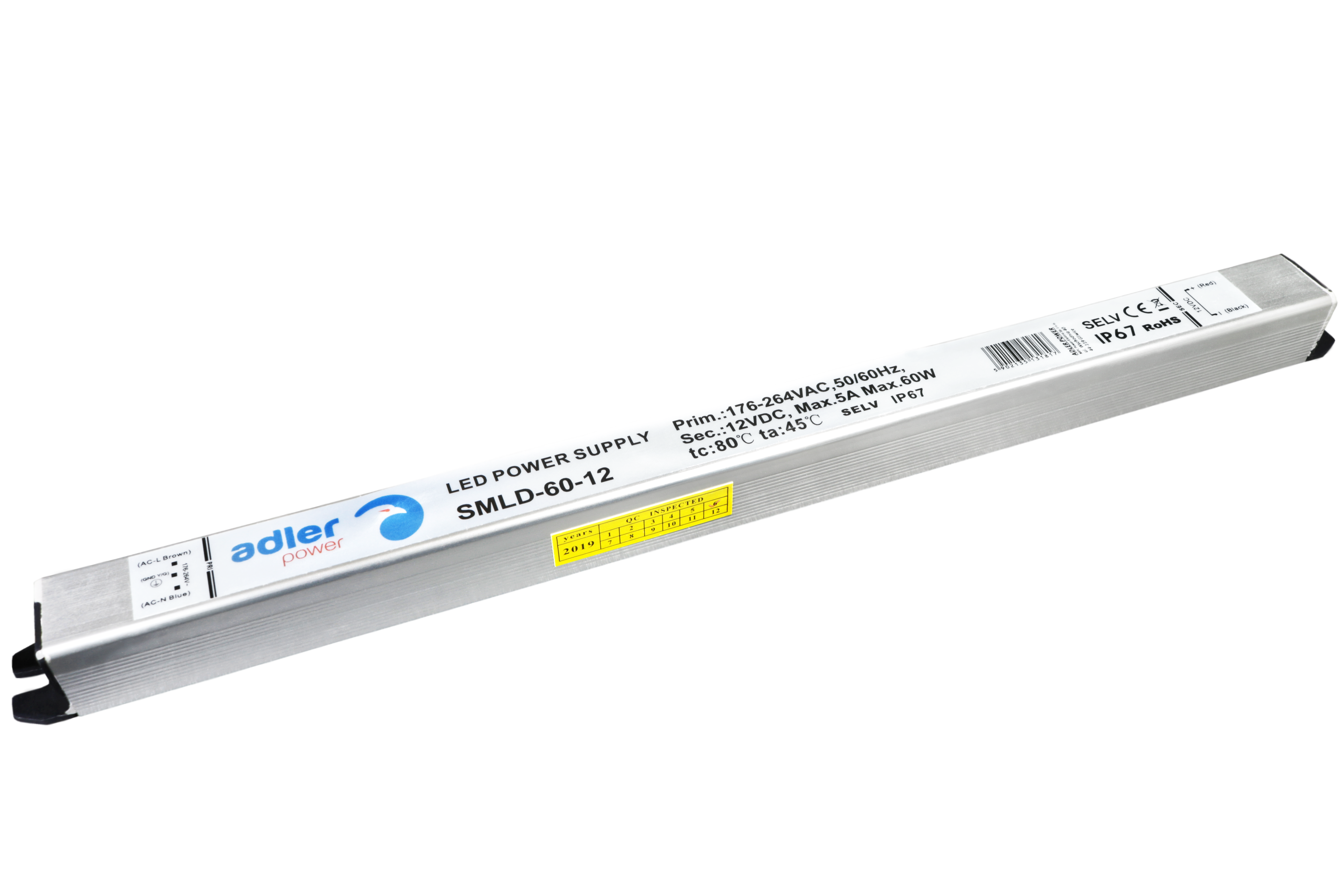 zasilacz 12V/5.0A, slim, CV, IP67, metal case, II class