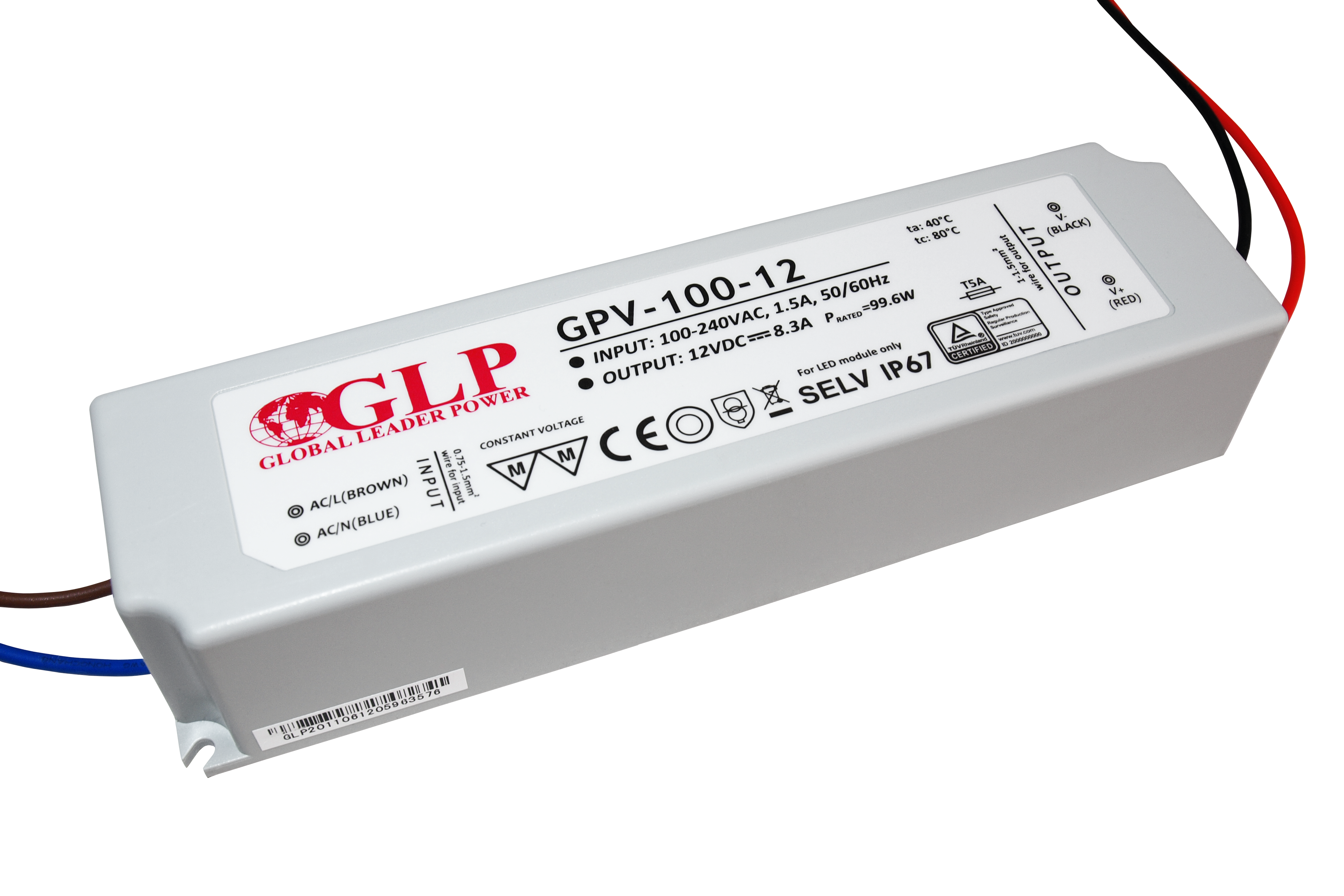 GLP power supply GPV series 12V/8.3A, CV, non-PFC, IP67 plastic case