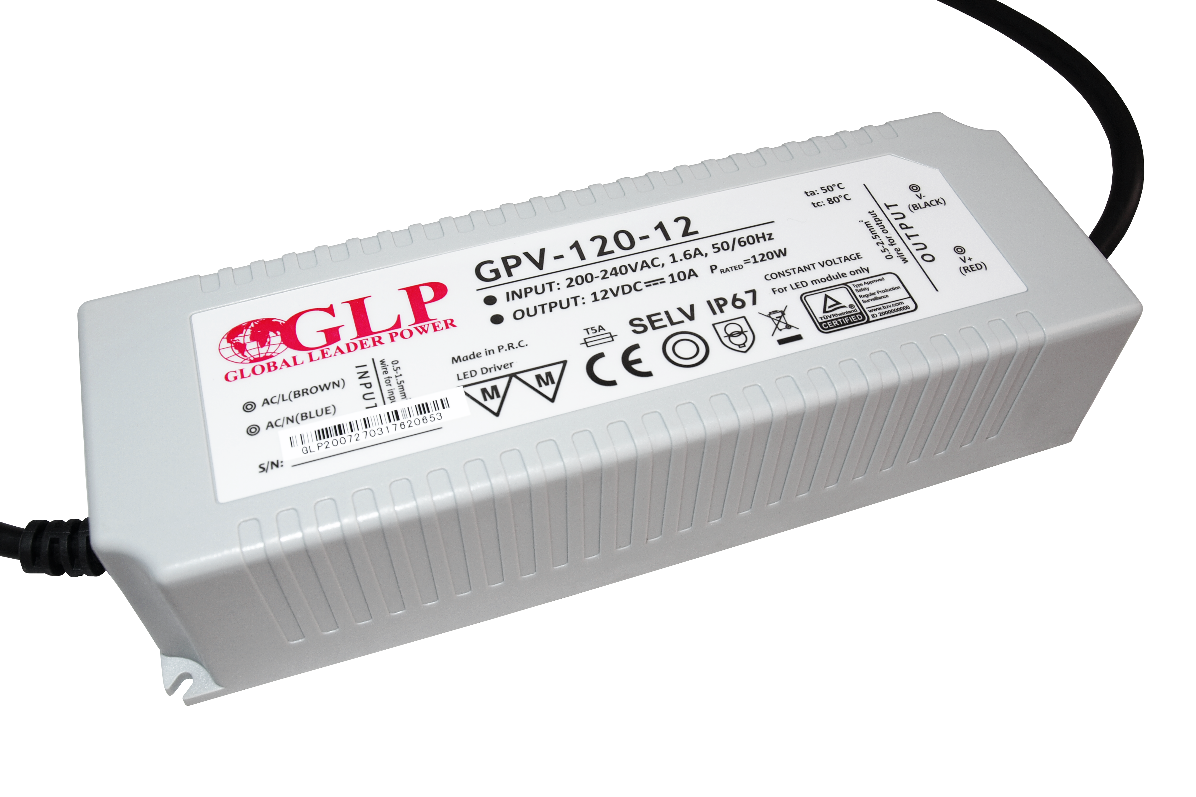 GLP power supply GPV series 12V/10A, CV, non-PFC, IP67 plastic case