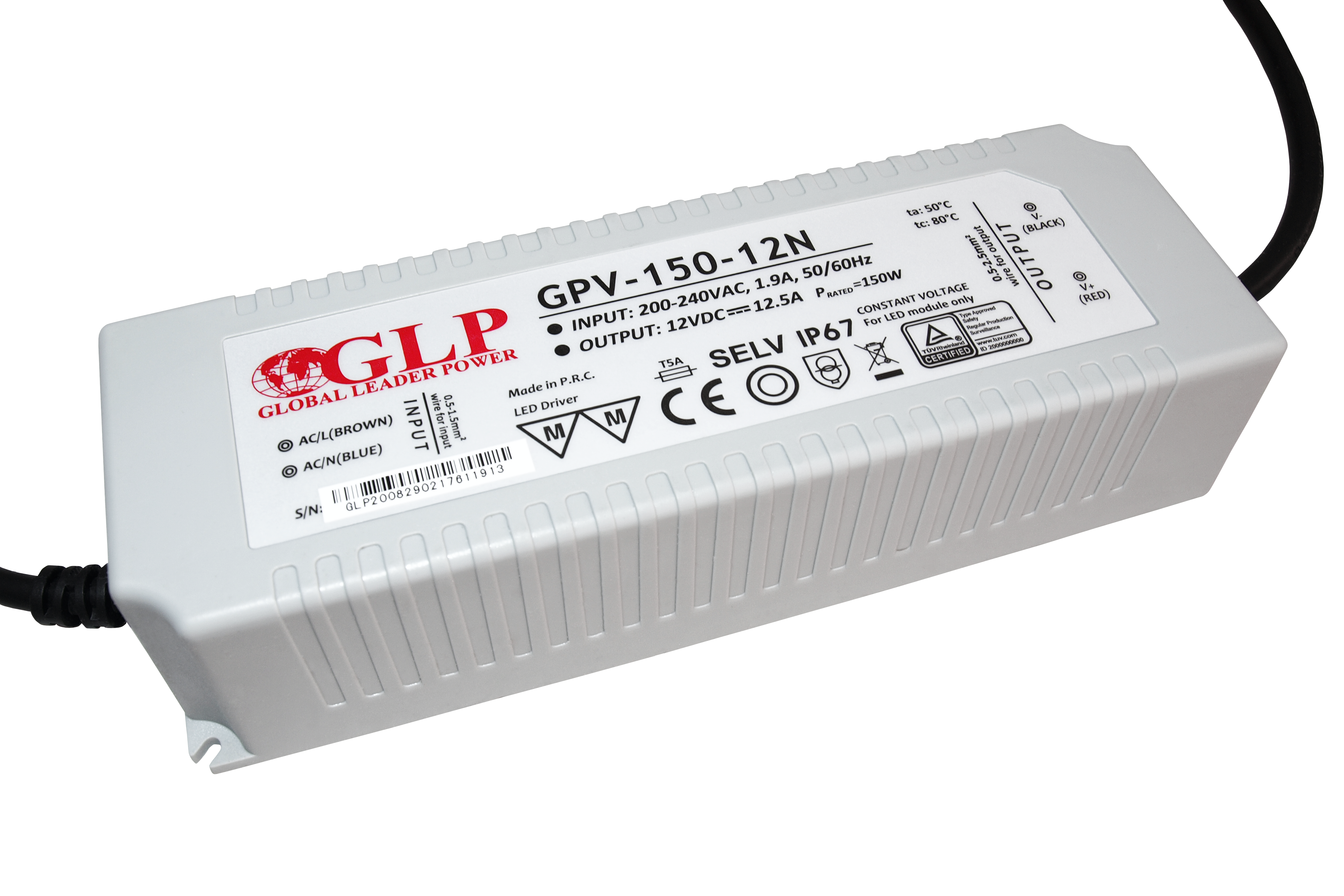 GLP power supply GPV series 12V/12.5A, CV, non-PFC, IP67 plastic case