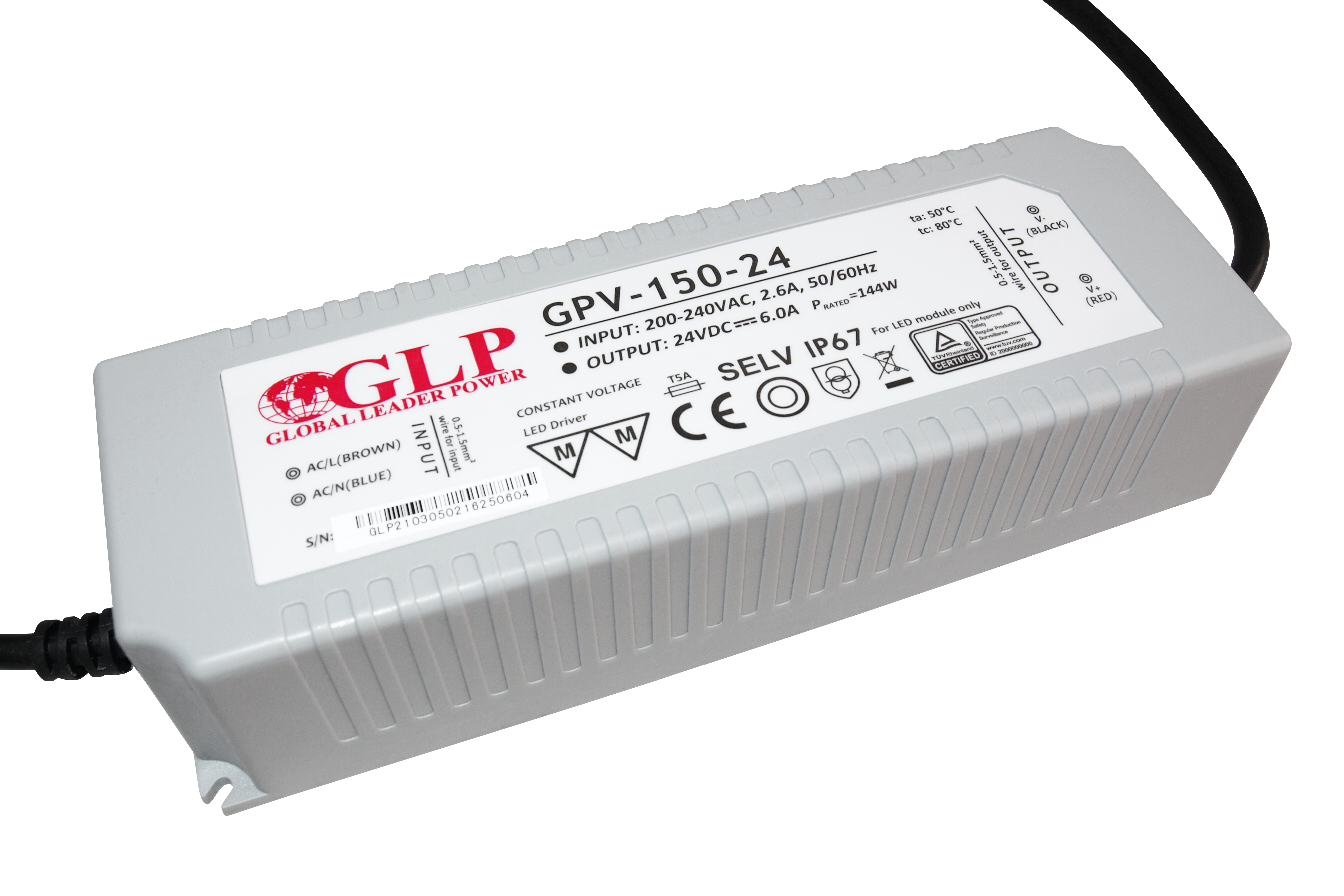 GLP power supply GPV series 24V/6A, CV, non-PFC, IP67 plastic case