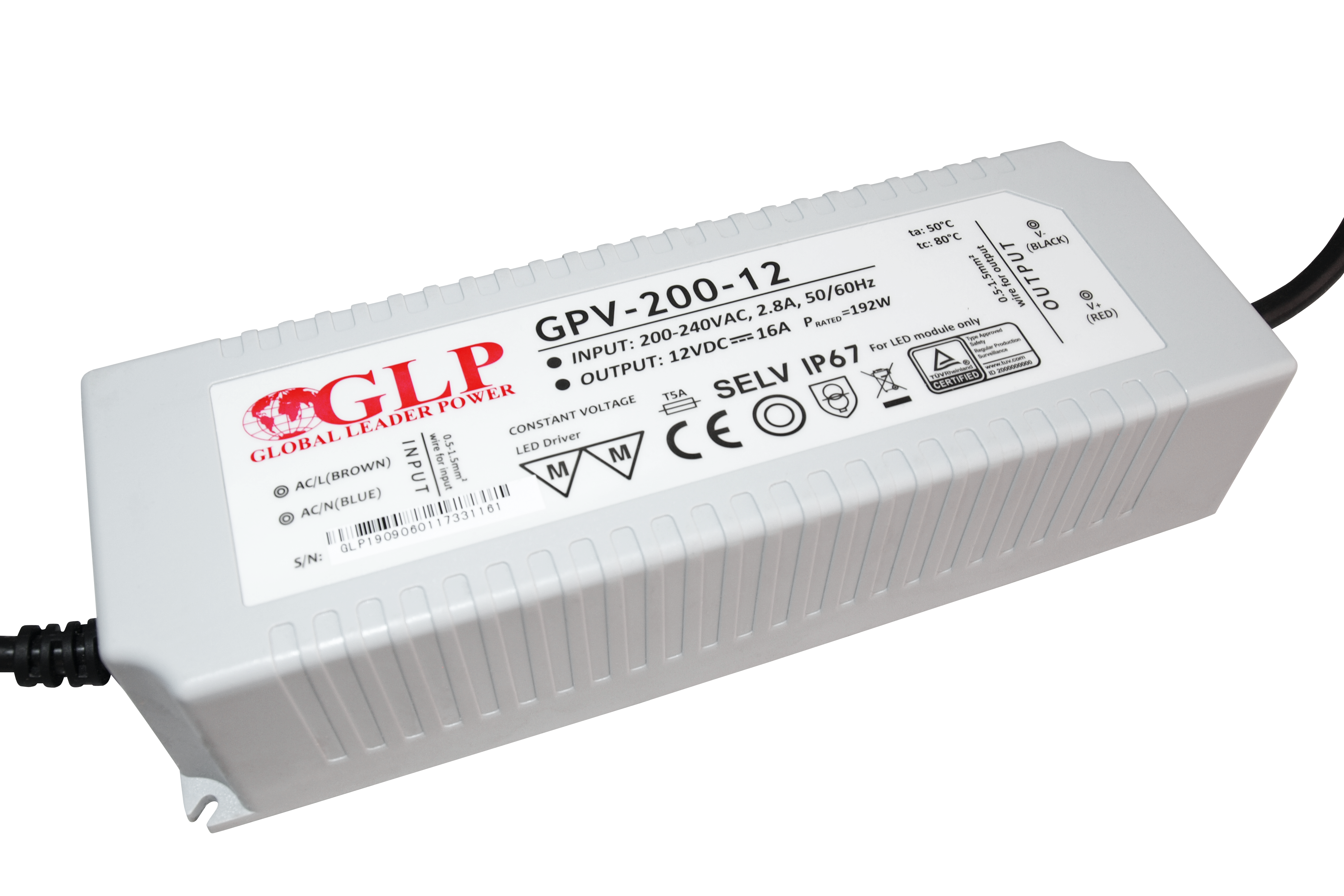 GLP power supply GPV series 12V/16A, CV, non-PFC, IP67 plastic case