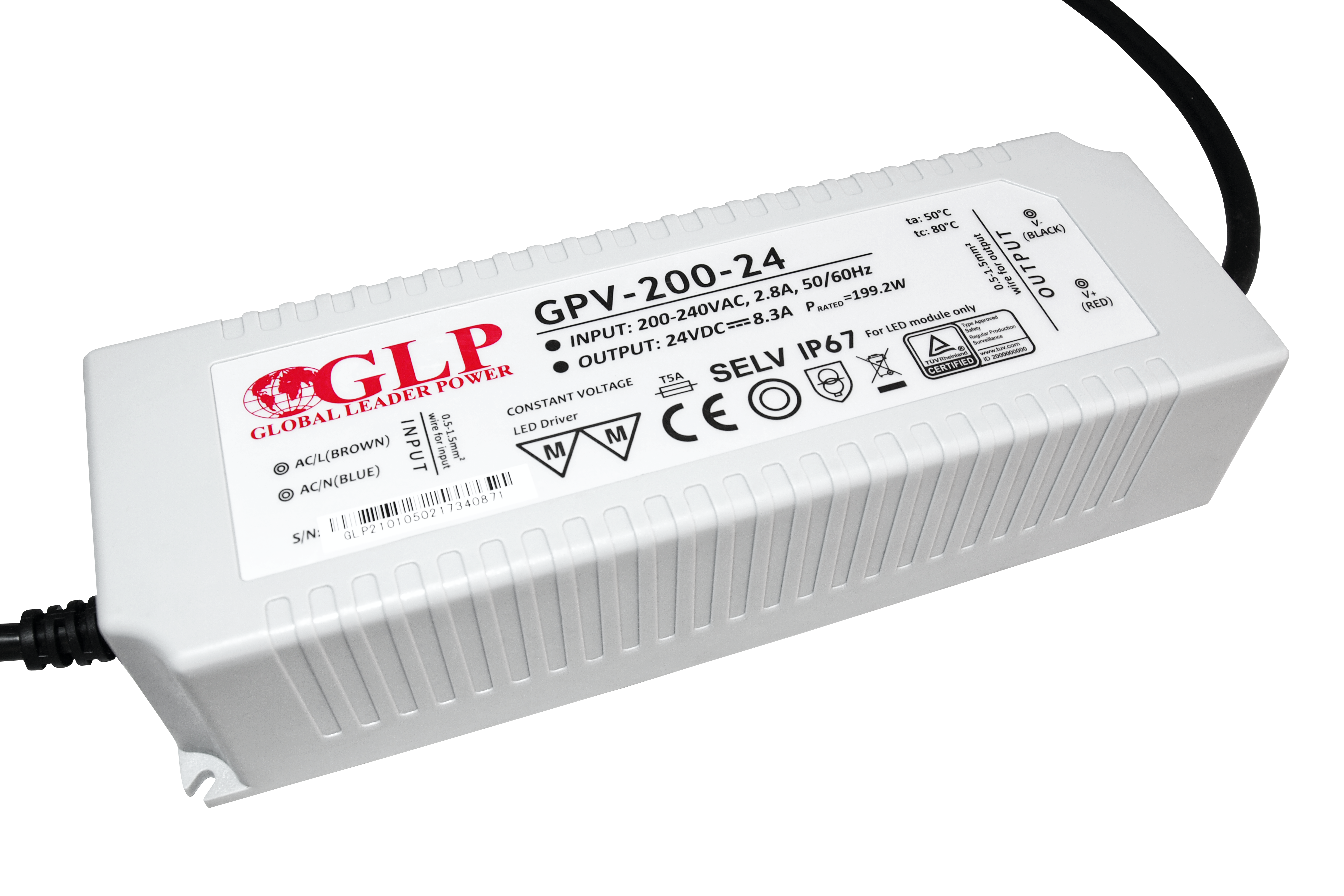 GLP power supply GPV series 24V/8,3A, CV, non-PFC, IP67 plastic case
