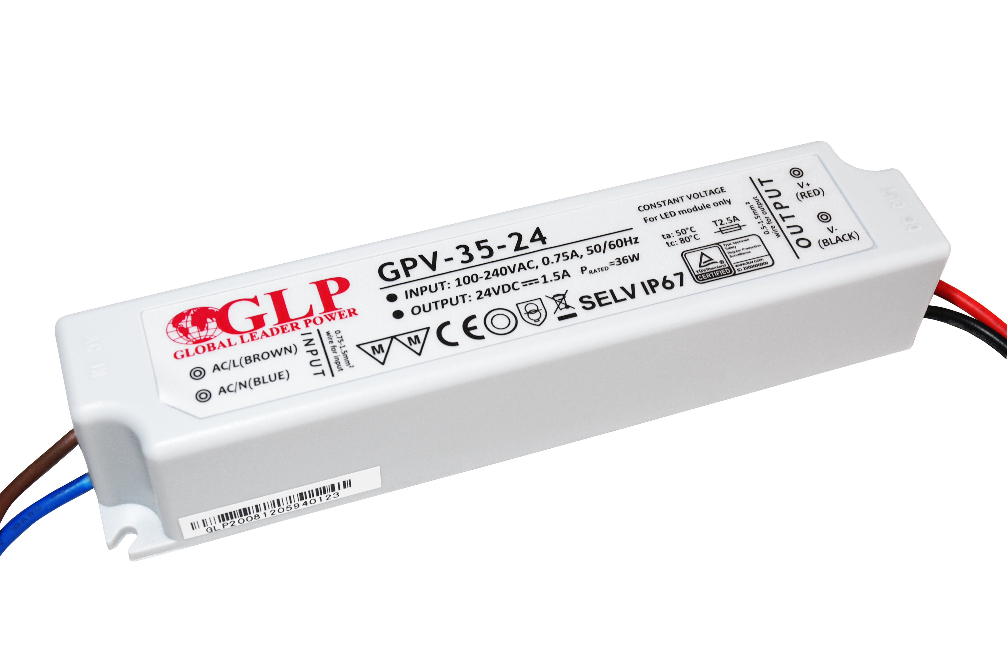 GLP power supply GPV series 24V/1.5A, CV, non-PFC, IP67 plastic case