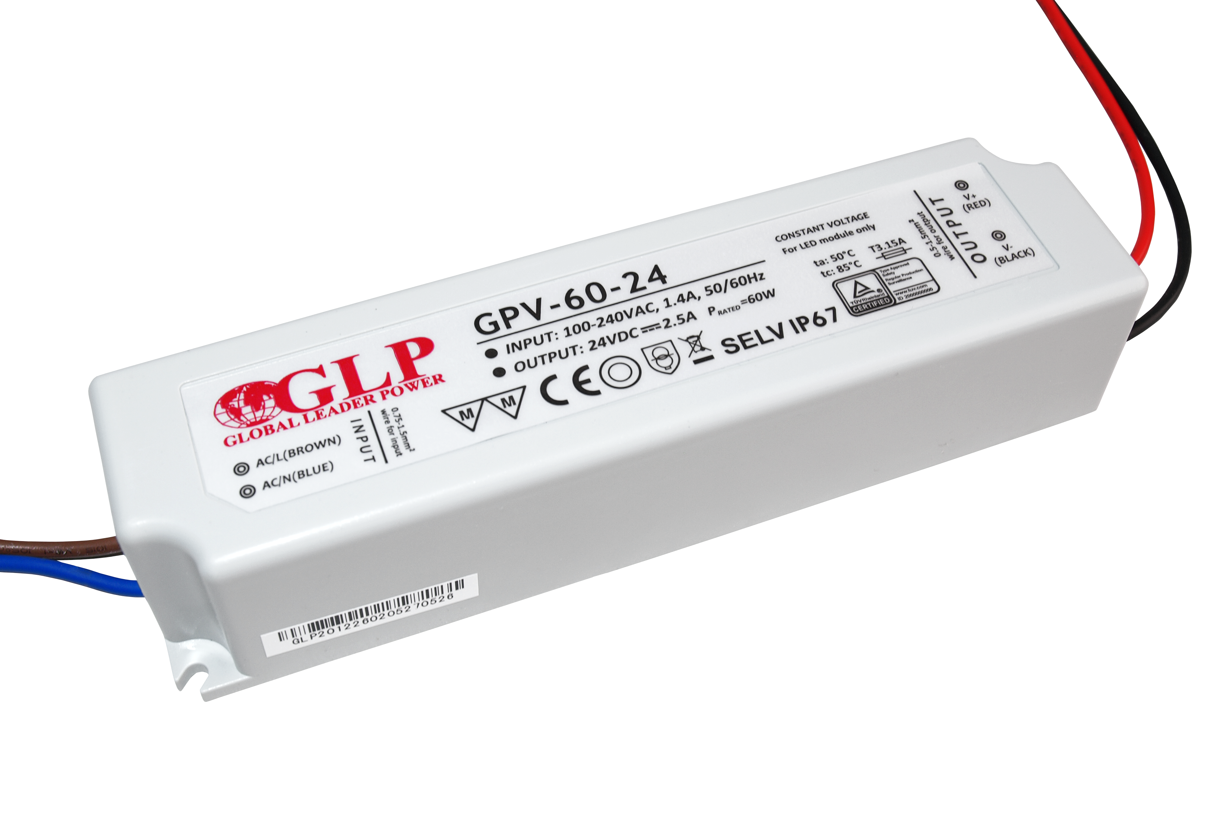 GLP power supply GPV series 24V/2.5A, CV, non-PFC, IP67 plastic case case
