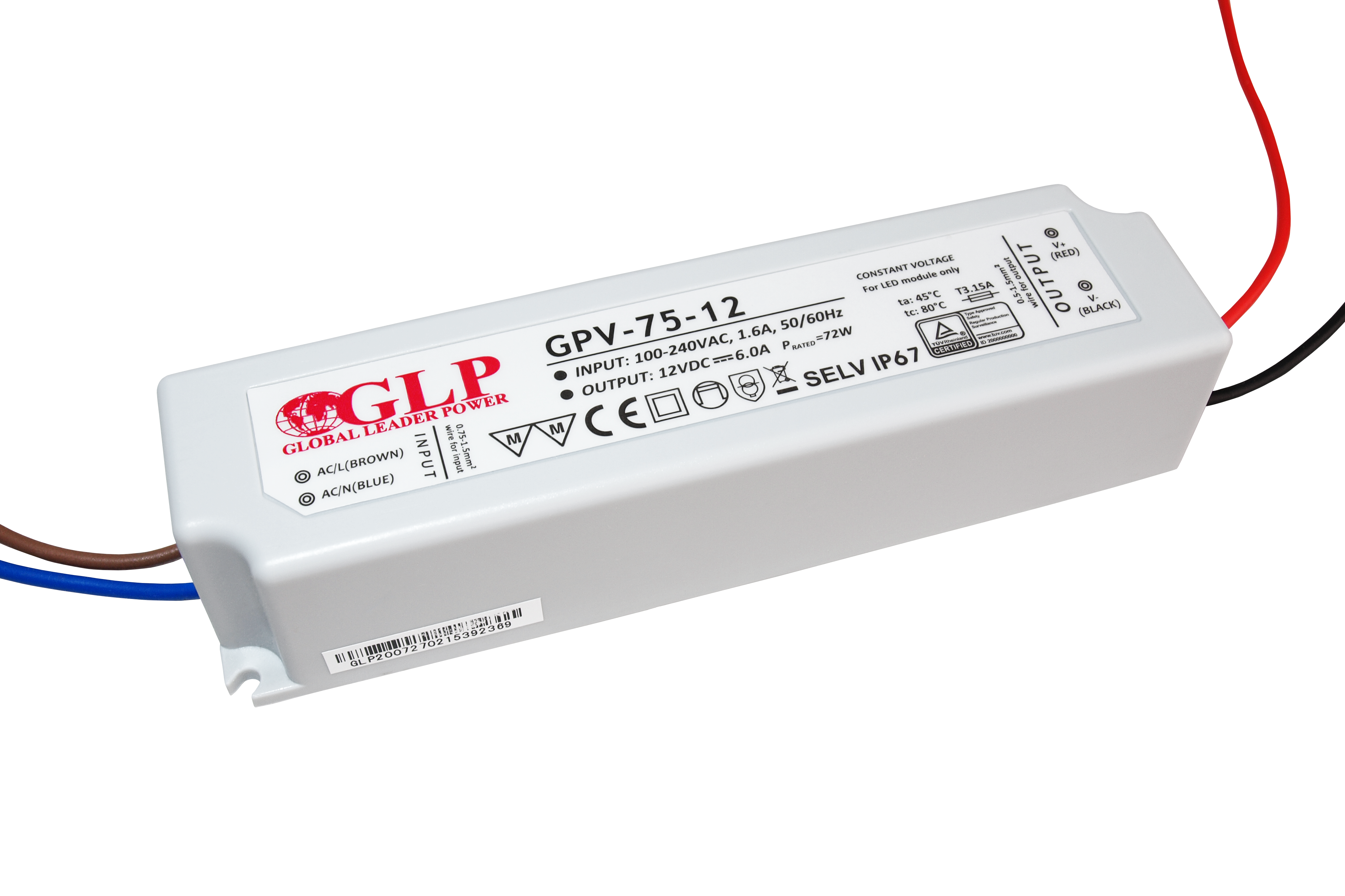 GLP power supply GPV series 12V/6A, CV, non-PFC, IP67 plastic case