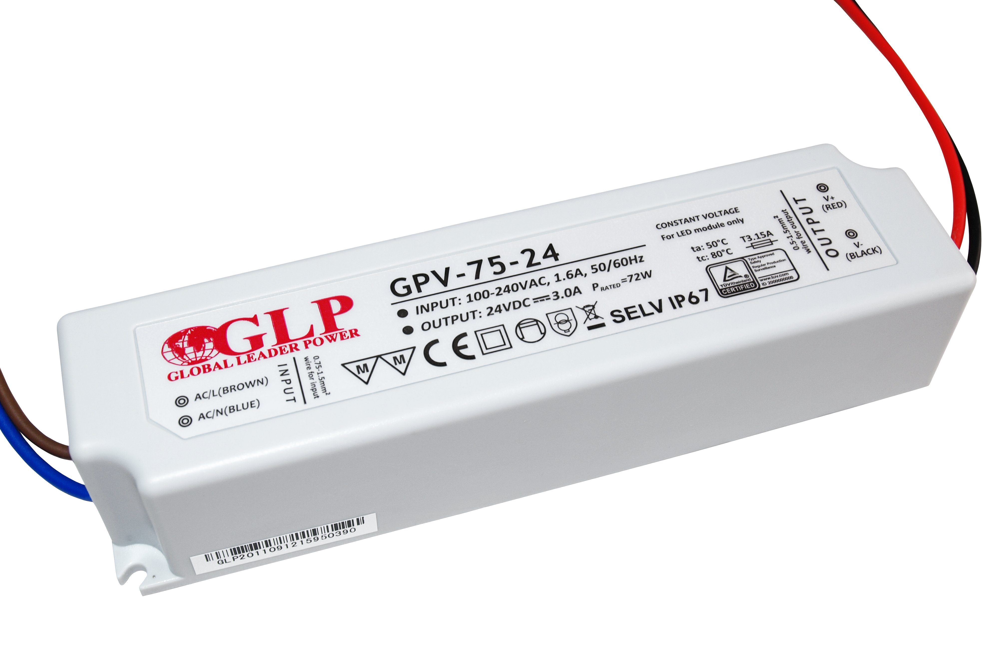 GLP power supply GPV series 24V/3A, CV, non-PFC, IP67 plastic case
